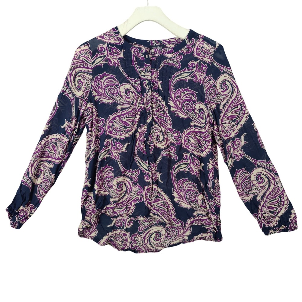 Lucky Brand Paisley Henley Long Sleeve Top Sheer Purple Flowy Breathable Women S
